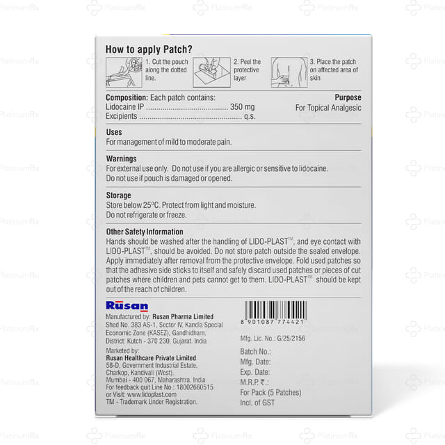 Lido Plast 350mg Pain Relief Patch 5s