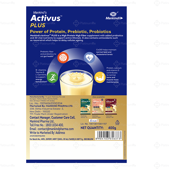Activus Plus Vanilla Flavour Protein Supplements Powder 400gm