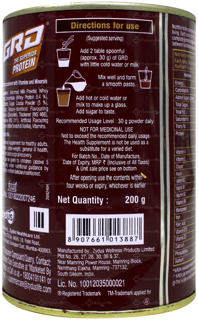 GRD Whey Protein Chocolate Flavour Powder Tin 200gm