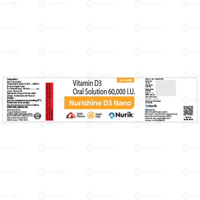 Nurishine D3 Nano 60000IU Litchi Flavour sugar Free Oral Solution 4x5ml