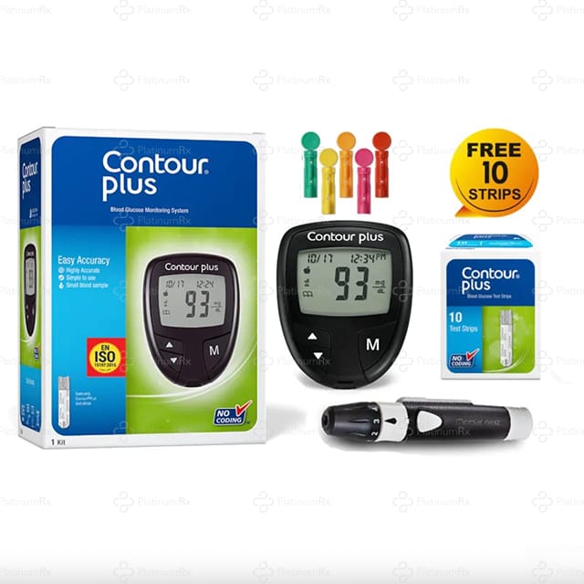 Contour Plus Blood Glucose Monitoring System Glucometer with Contour Plus Blood Glucose Test Strip 10s Free
