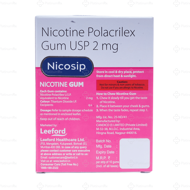 Nicosip 2mg Mint Flavour Sugar Free Chewing Gum 10s