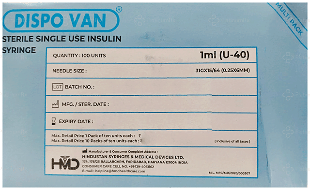 Dispovan U-40 Insulin Syringe Unitpack 10 syringes