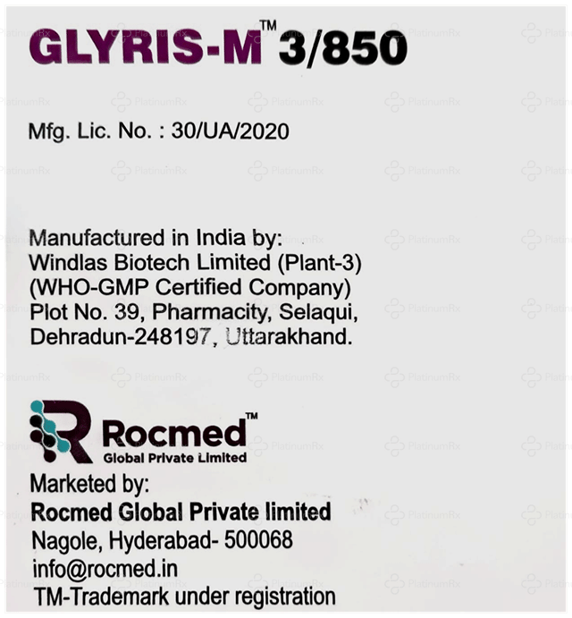 Glyris M 3/850mg Tablet PR 10s
