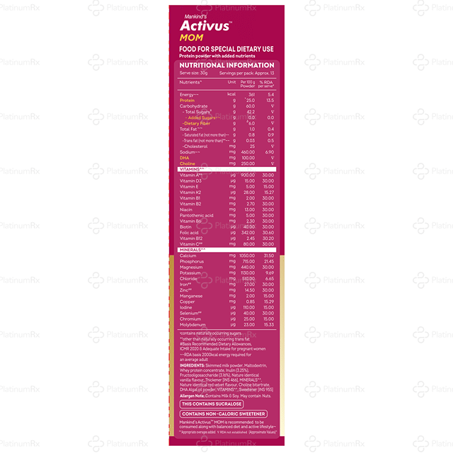 Activus Mom Vanilla Flavour Protein Supplements Powder 400gm