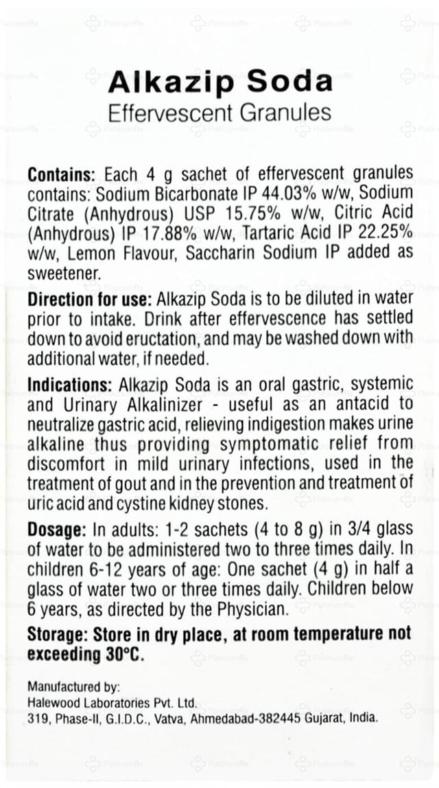 Alkazip Soda Effervescent Granules Lemon Flavour Sugar Free 4gm