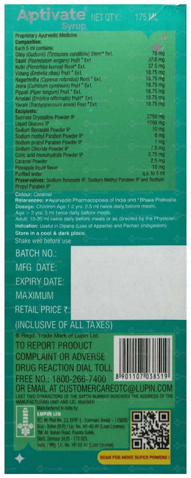 Aptivate Pineapple Flavour Syrup 175ml