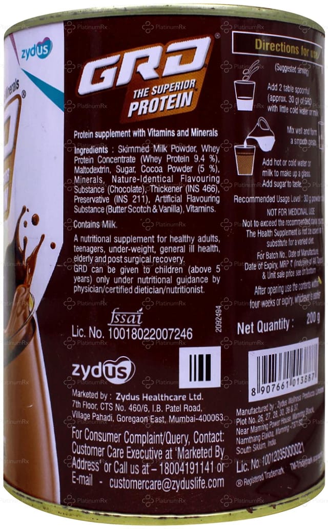 GRD Whey Protein Chocolate Flavour Powder Tin 200gm
